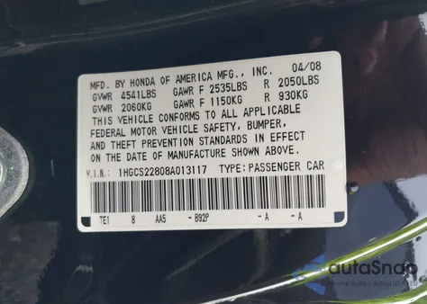 2008 Honda Accord 3.5 Ex-L from USA, damaged, VIN 1HGCS22808A013117